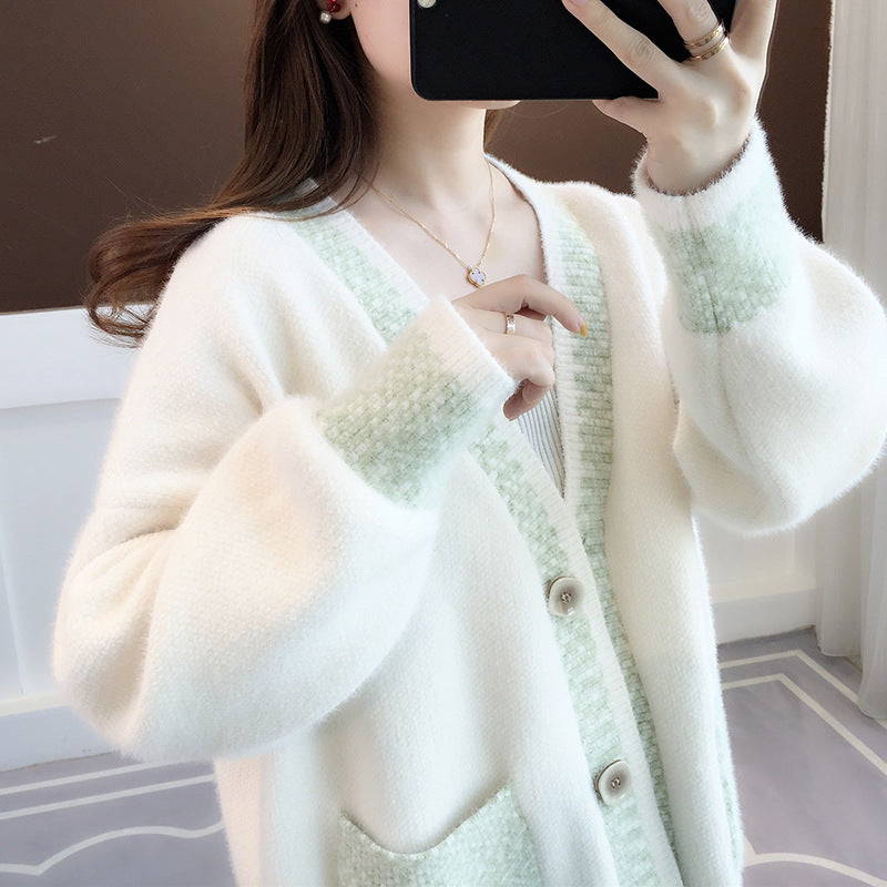 Fall New Women's Knit Cardigan Sweater Loose Outerwear Water Rabbit Fur Top Coat