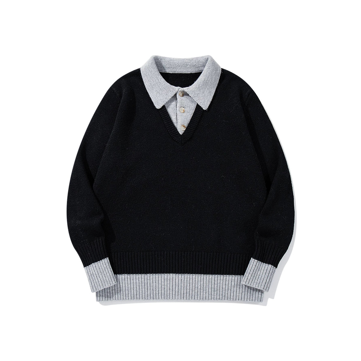 Color-Blocked Mock Two-Piece Knit Sweater with Turn-Down Collar, Unisex Casual Versatile Pullover