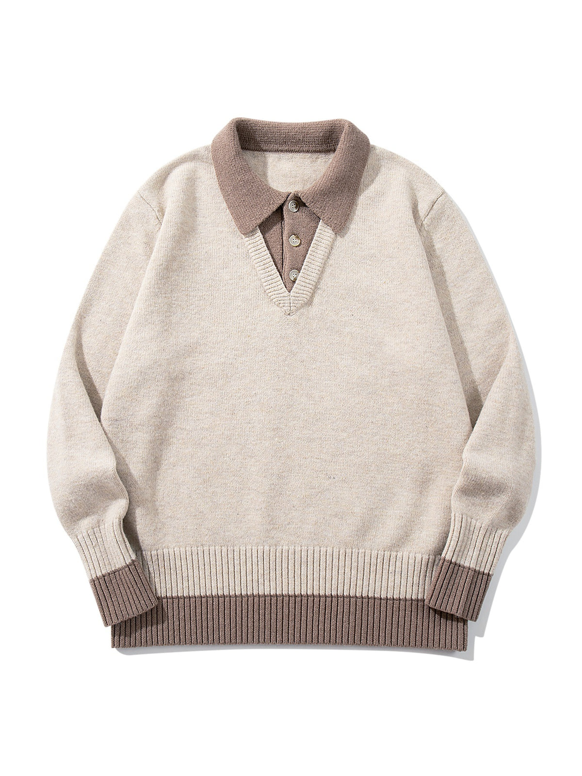 Color-Blocked Mock Two-Piece Knit Sweater with Turn-Down Collar, Unisex Casual Versatile Pullover