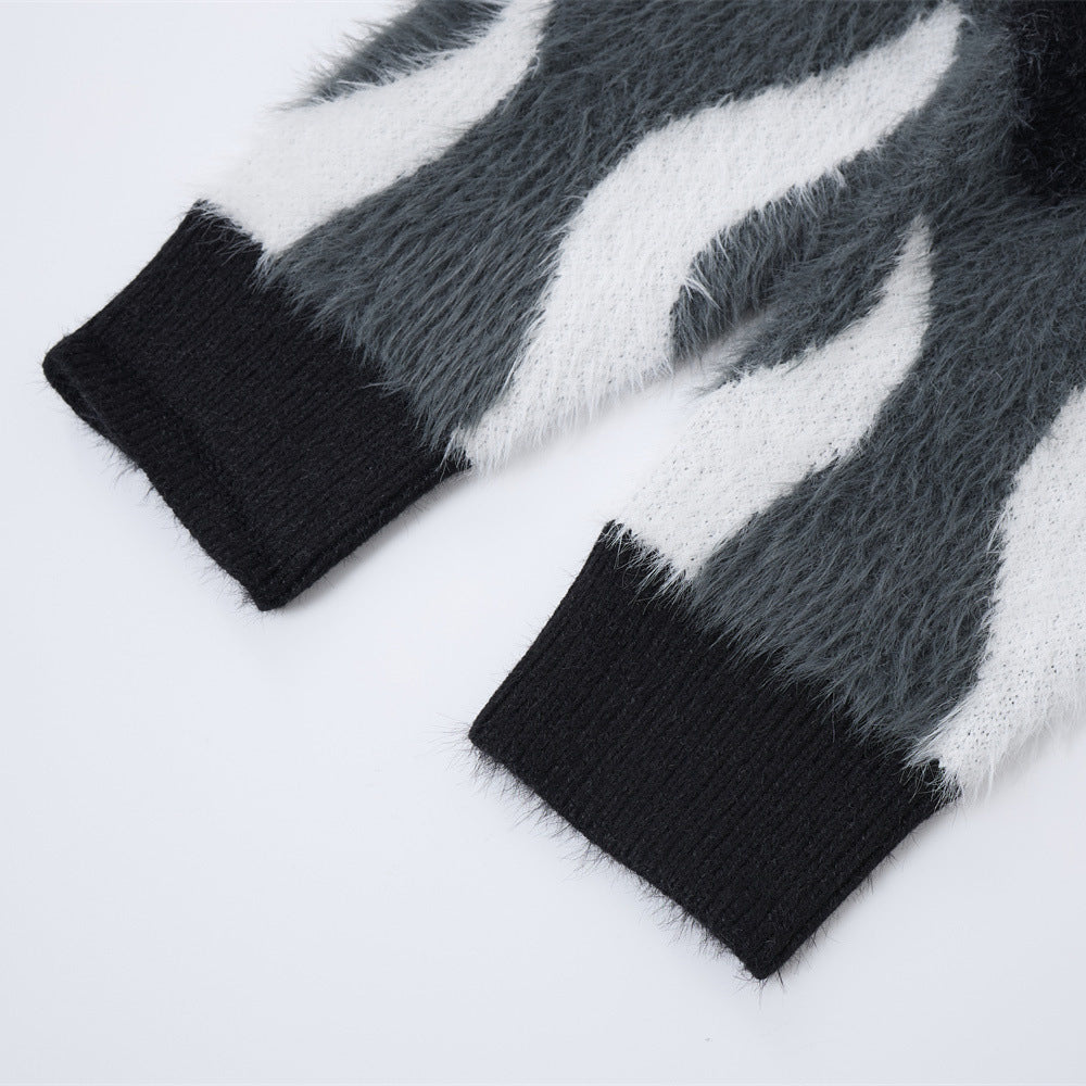 Color blocking patchwork faux mink fur round neck sweater