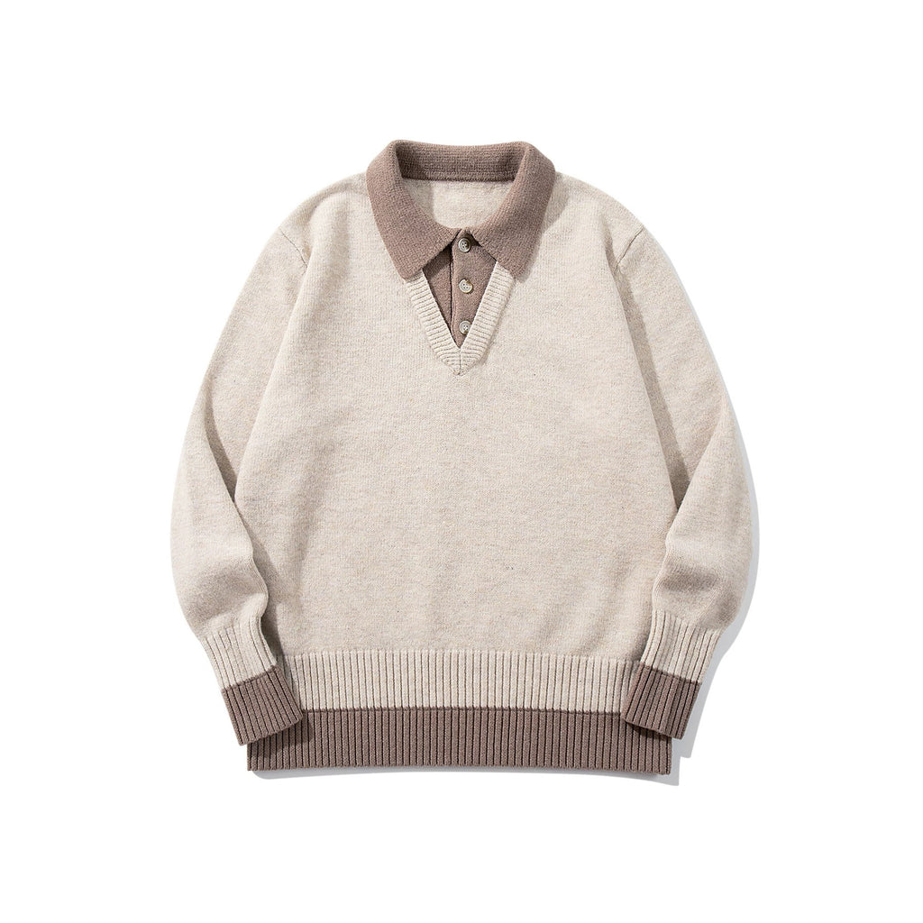 Color-Blocked Mock Two-Piece Knit Sweater with Turn-Down Collar, Unisex Casual Versatile Pullover