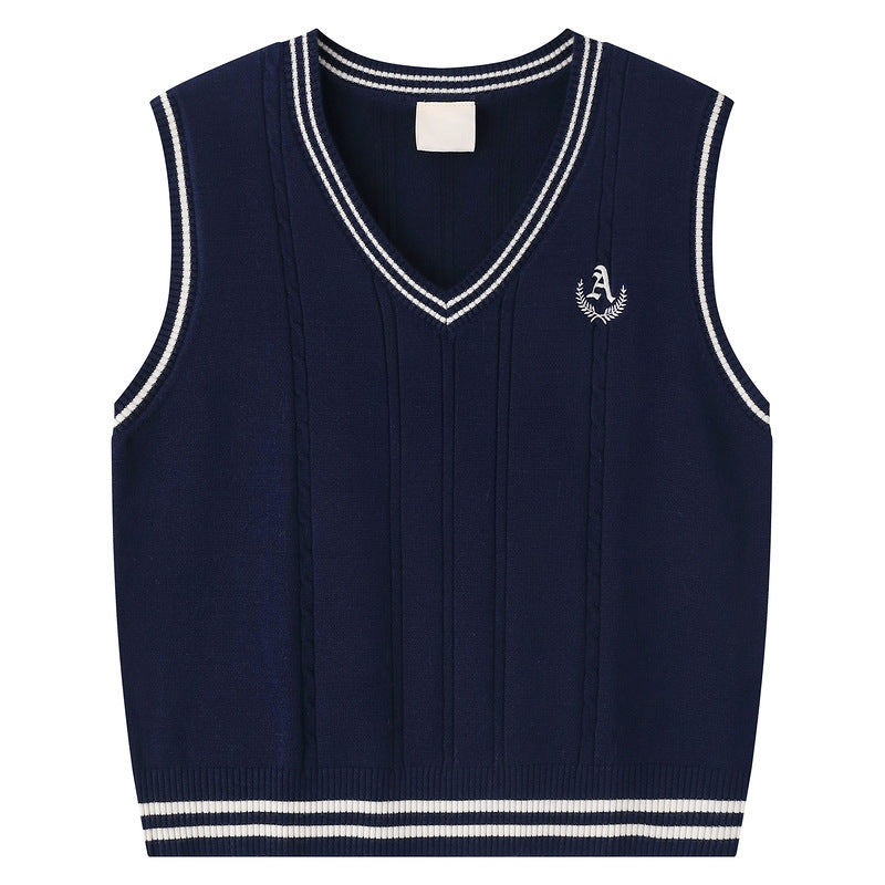 College style V-neck striped edge A letter embroidered Fried Dough Twists knit vest