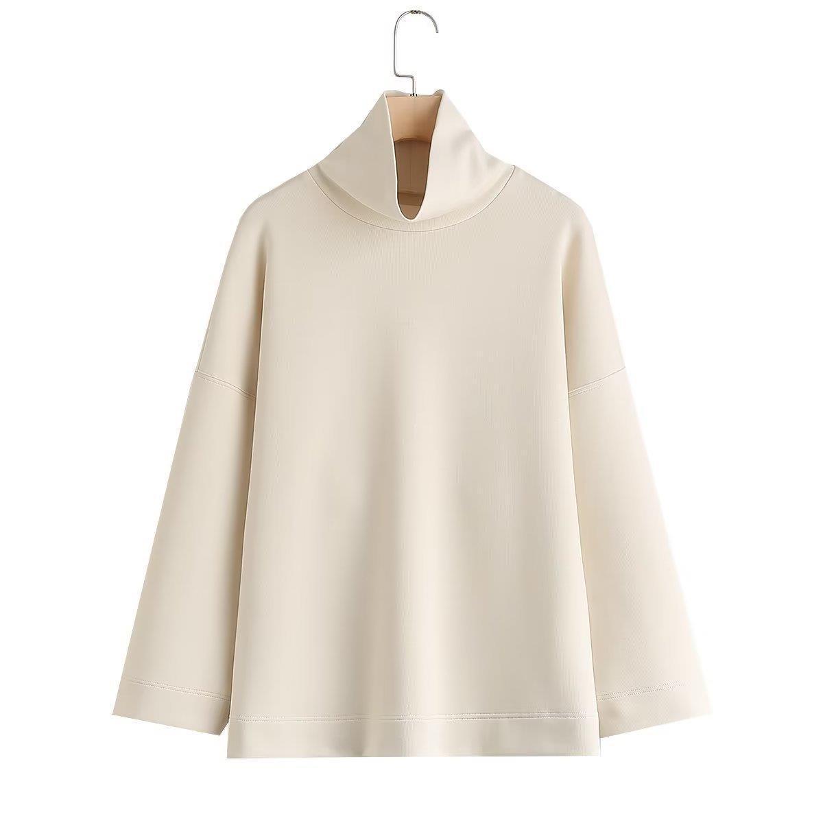 New autumn and winter loose casual hoodie versatile white ribbed high neck sports shirt
