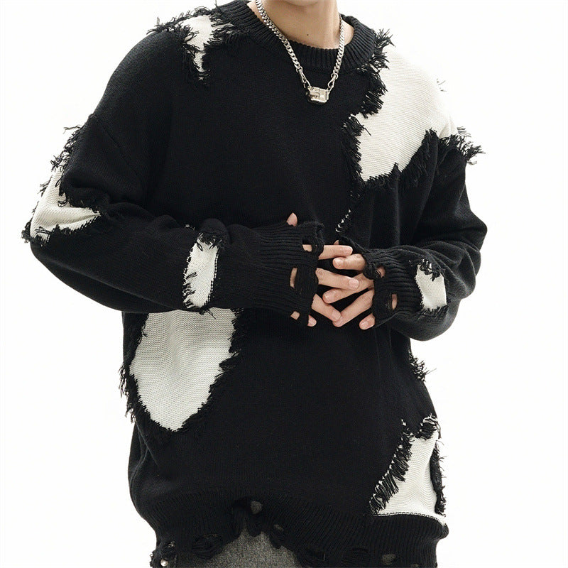 Cat whisker tassel torn hole spliced contrasting sweater