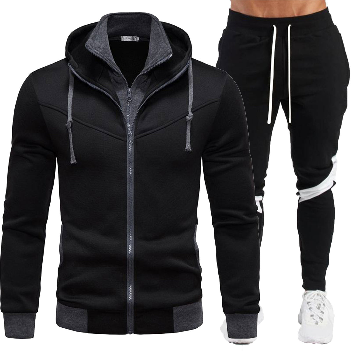Casual Slim Fit Color Block Hooded Jacket Sportswear Suit