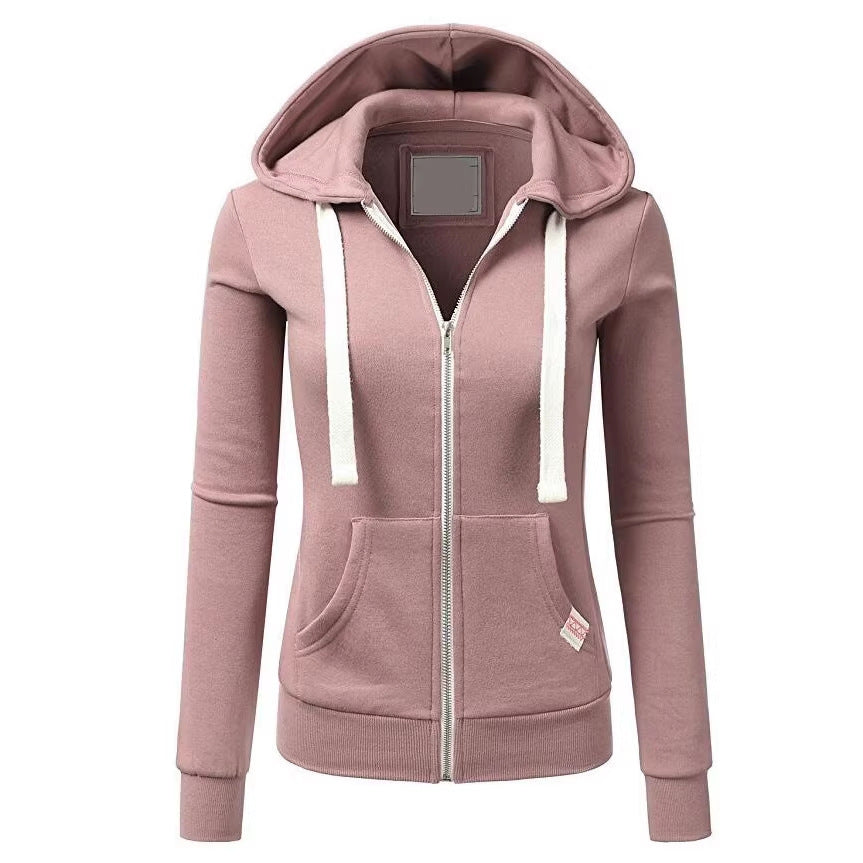 Women's Casual Sporty Zip-Up Hooded Sweatshirt Jacket with Color-Block Design