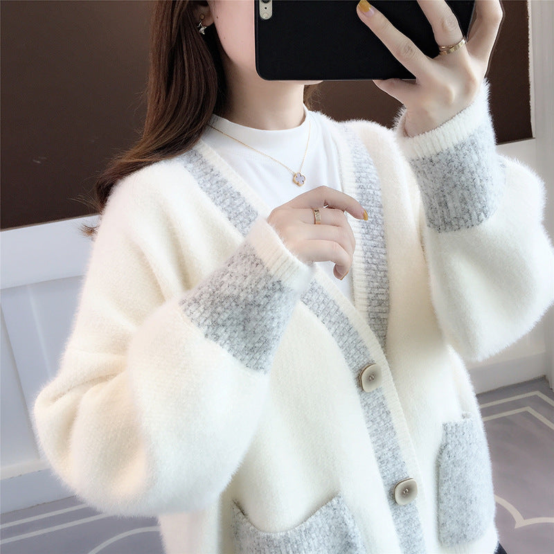 Fall New Women's Knit Cardigan Sweater Loose Outerwear Water Rabbit Fur Top Coat