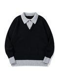 Color-Blocked Mock Two-Piece Knit Sweater with Turn-Down Collar, Unisex Casual Versatile Pullover