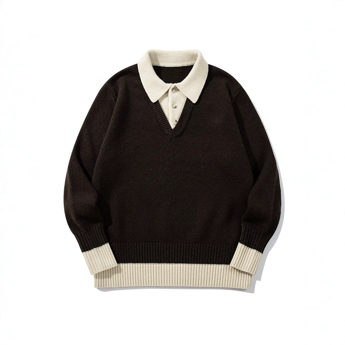 Color-Blocked Mock Two-Piece Knit Sweater with Turn-Down Collar, Unisex Casual Versatile Pullover