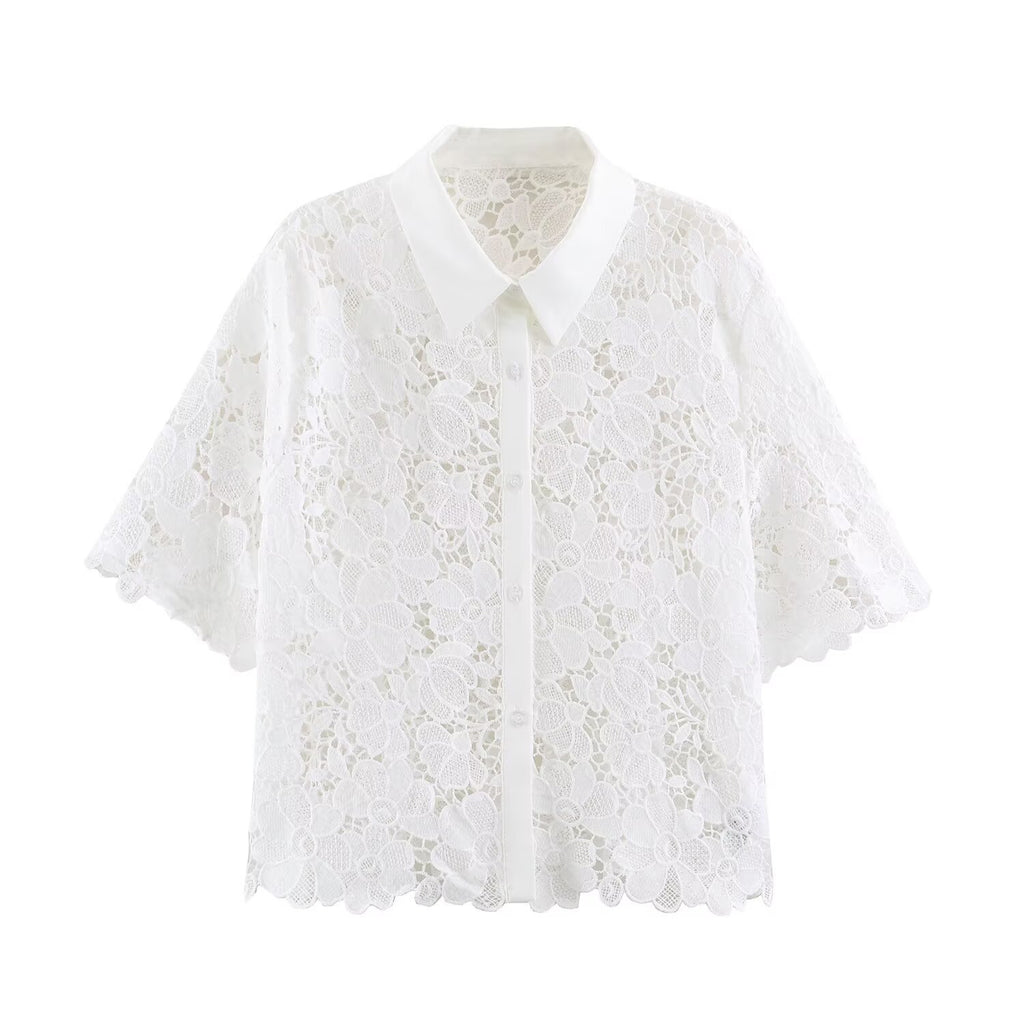 Hollow embroidery lapel shirt for women