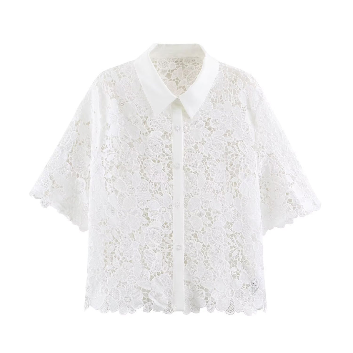 Hollow embroidery lapel shirt for women
