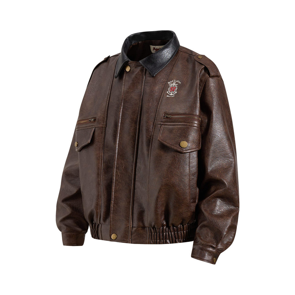 Flip collar vintage PU leather design jacket
