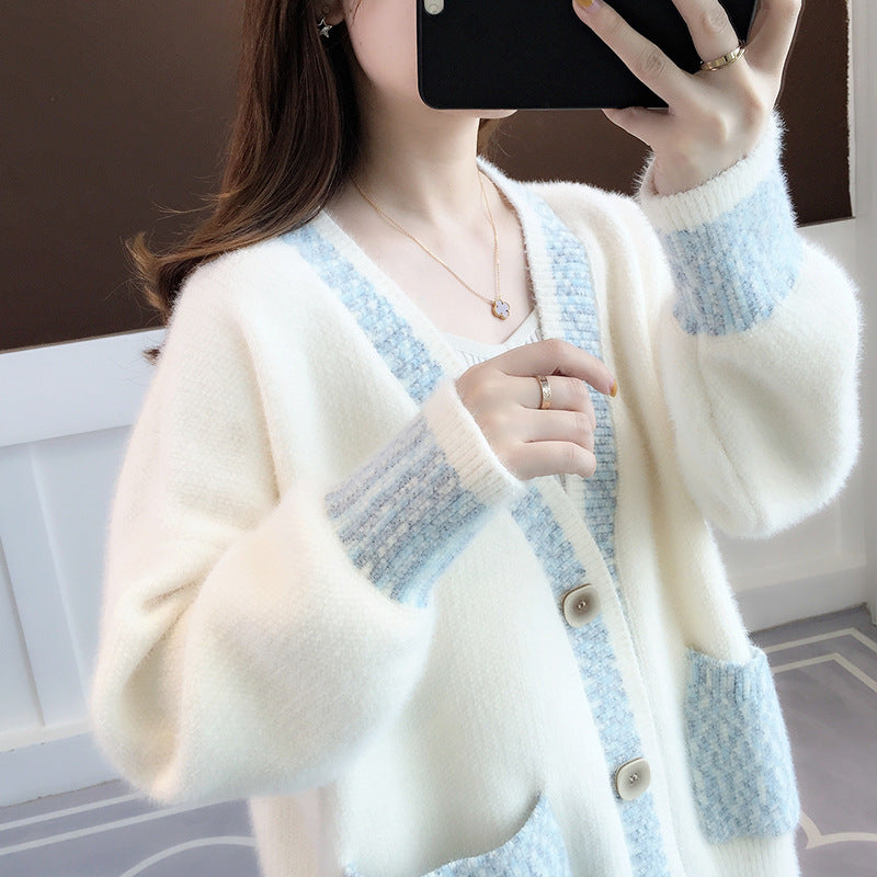 Fall New Women's Knit Cardigan Sweater Loose Outerwear Water Rabbit Fur Top Coat