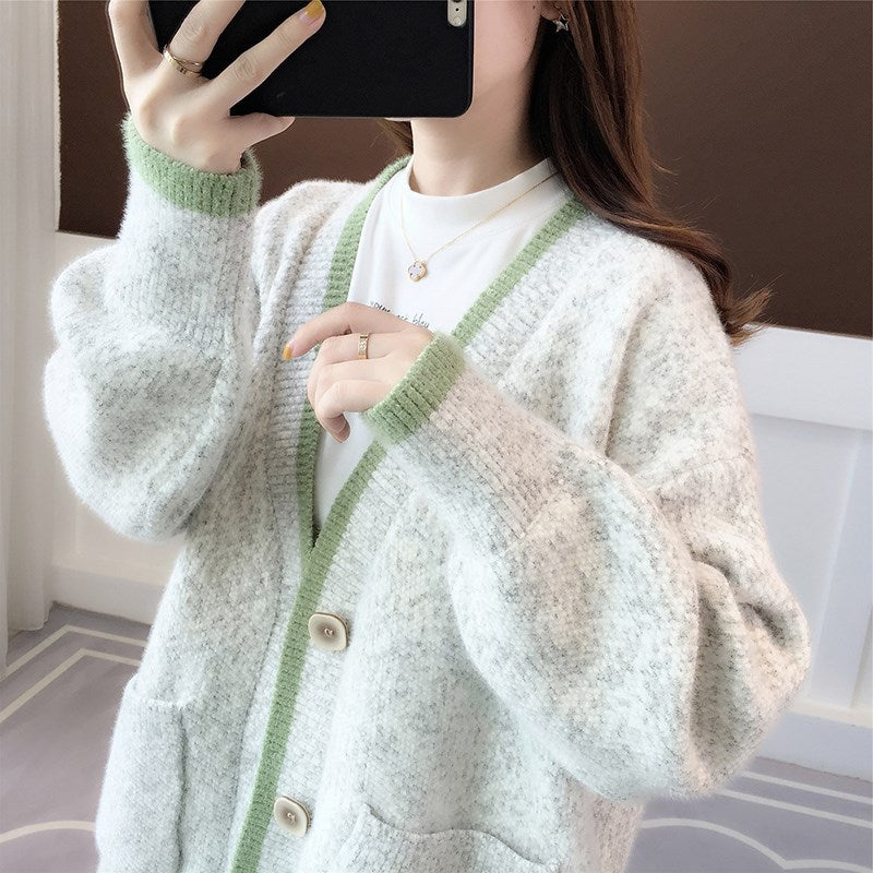 Fall New Women's Knit Cardigan Sweater Loose Outerwear Water Rabbit Fur Top Coat