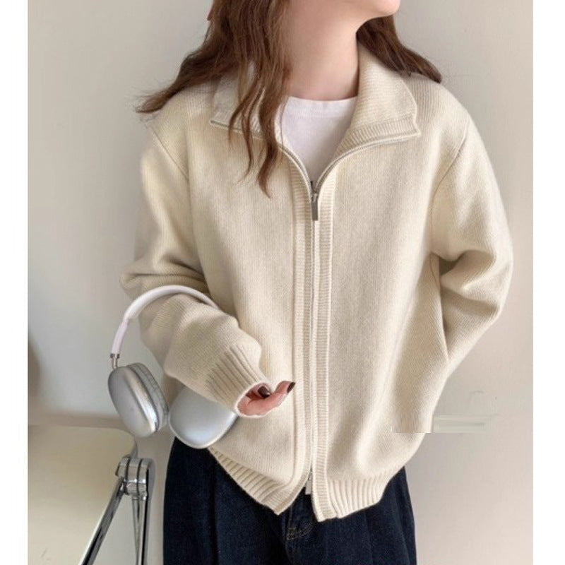 Lazy Style White High Neck Knit Cardigan for Women, Zip-Up Sweater Top, Spring and Autumn Fashion Outfit, Elegant Look