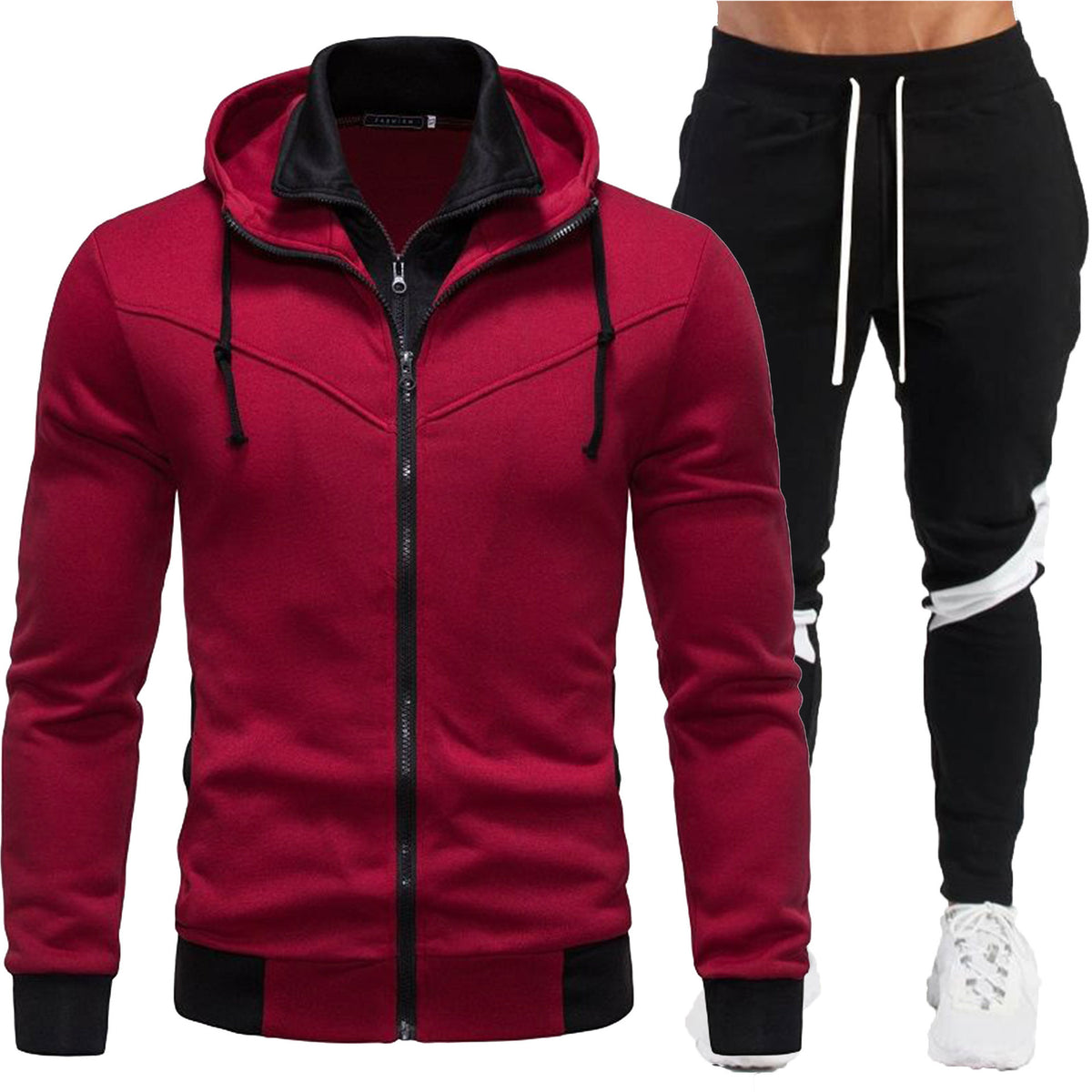 Casual Slim Fit Color Block Hooded Jacket Sportswear Suit
