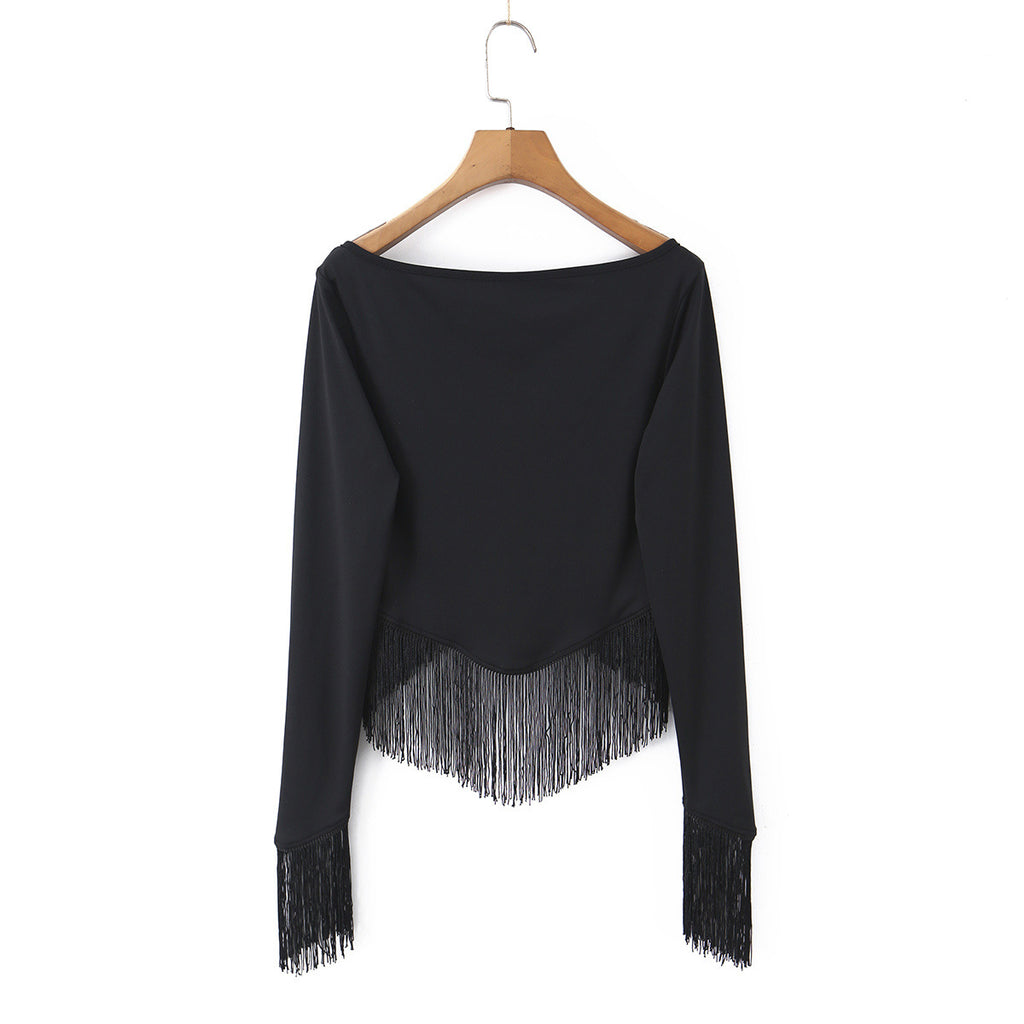 Vacation style high elasticity V-neck tassel top
