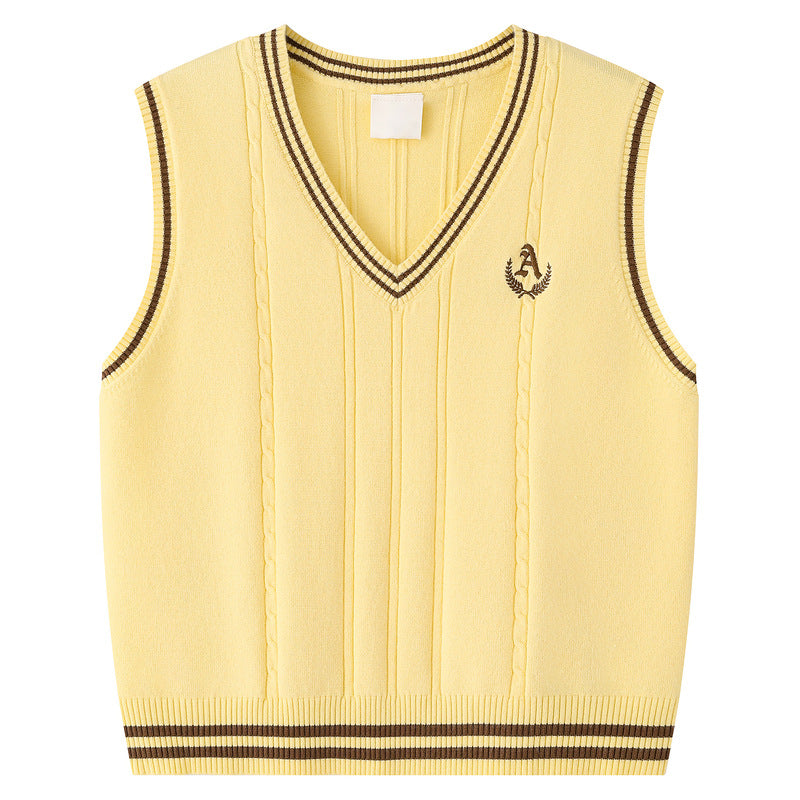 College style V-neck striped edge A letter embroidered Fried Dough Twists knit vest