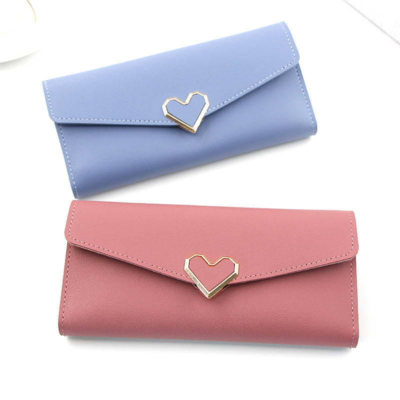 Long plain heart-shaped leather wallet with multiple card slots buckle wallet large capacity hand-held bag