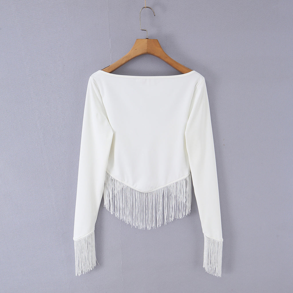 Vacation style high elasticity V-neck tassel top