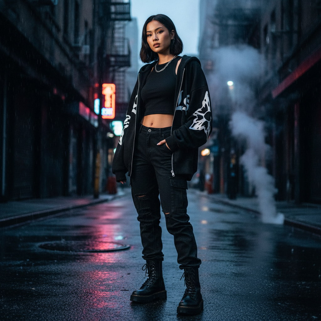 Gothic Print Zip Hoodie lifestyle shot
